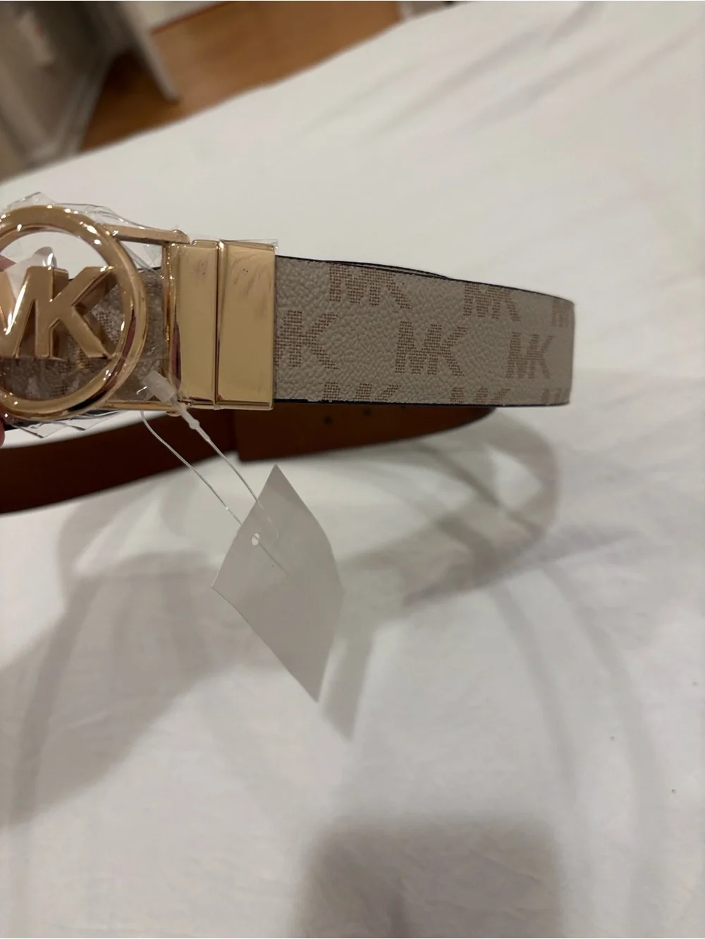 Michael Kors Brown Logo-Print Belt with Gold MK Buckle